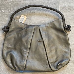 NWT Clarks Pewter Metallic Leather Braided Handle Hobo Slouchy Purse